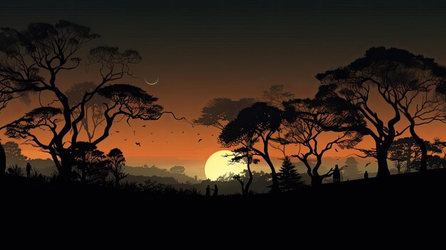 Paysage nocturne avec des contours d'arbres sombres