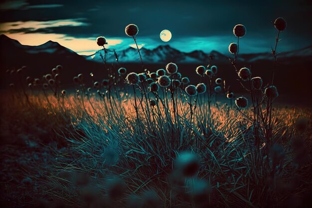 Paysage nocturne dans les montagnes et une prairie avec de l'herbe sèche et des fleurs sous la lumière d'une grande lune Generative AI