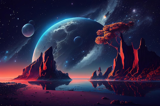 paysage nocturne fantastique futuriste avec des îles abstraites et ciel nocturne avec des galaxies spatiales