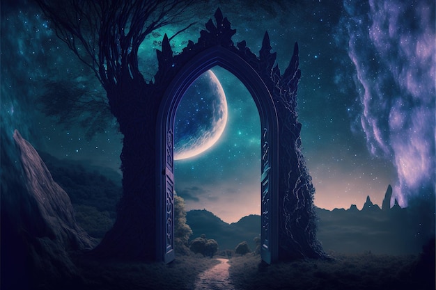 Paysage nocturne fantastique avec porte elfique enchantée vers une autre dimension