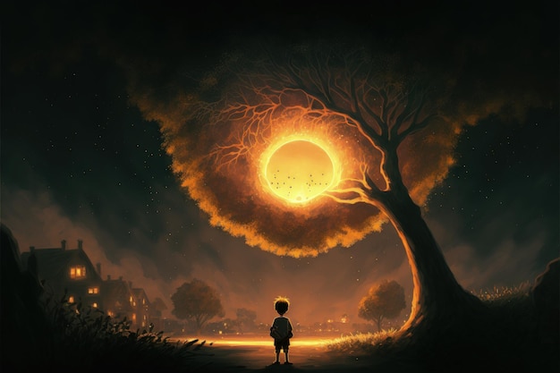 Paysage nocturne avec garçon tenant un orbe illuminé admirant l'arbre fantastique Concept fantastique Peinture d'illustration AI générative