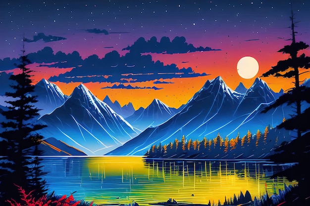 Paysage nocturne avec lac, montagnes et arbres sur la côte