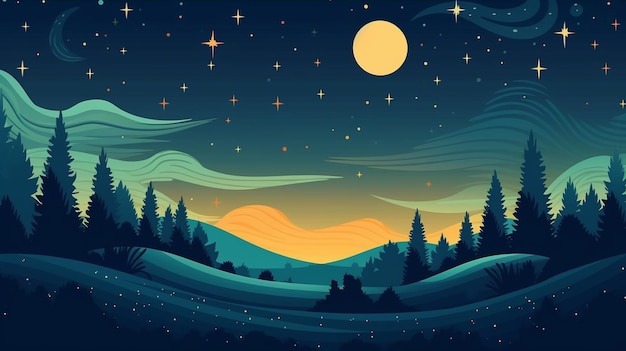Un paysage nocturne avec une lune et des étoiles.