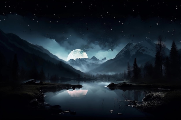 Paysage nocturne avec la lune générée par l'IA