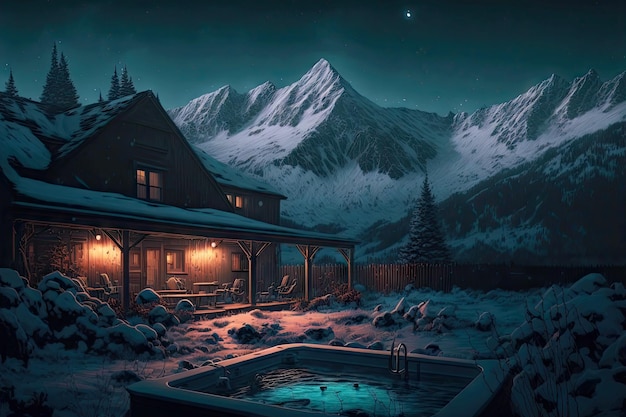 Paysage nocturne avec montagnes enneigées et bain à remous dans la cour près de la maison