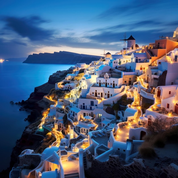 Paysage nocturne pittoresque de l'île de Santorin en Grèce Maisons blanchies à la chaux avec de belles lumières
