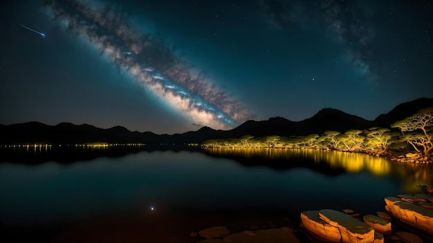 Un paysage nocturne serein avec un lac scintillant et des montagnes majestueuses