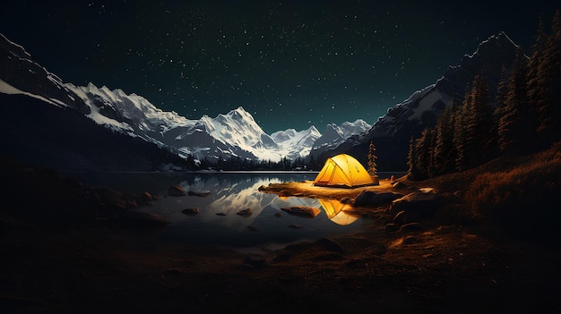 Photo paysage nocturne avec tente et étoiles sur fond de montagne