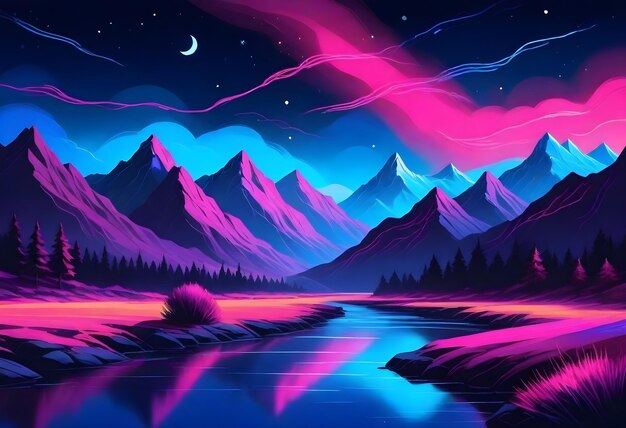 Un paysage nocturne vibrant avec des teintes violettes et roses