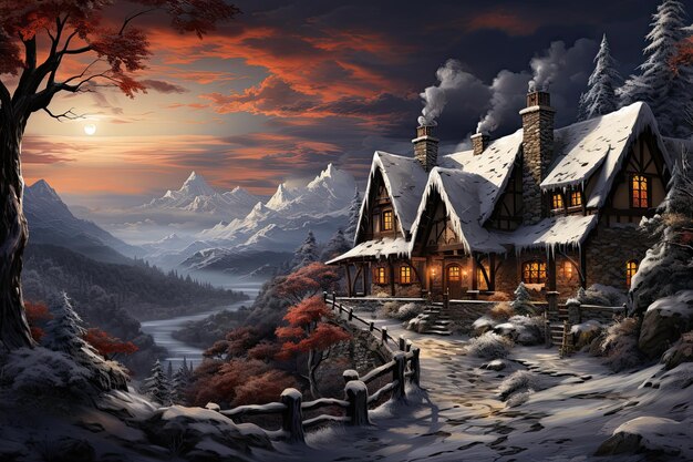 paysage de Noël enneigé avec maison de campagne