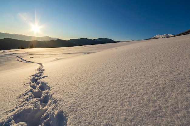 Paysage de Noël d'hiver Chemin de piste d'empreinte humaine dans une neige profonde cristalline à travers un champ vide ligne de montagnes sombres et boisées lueur douce à l'horizon sur fond d'espace de copie de ciel bleu clair