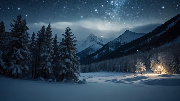 Paysage de Noël avec une maison enneigée dans les montagnes Vue nocturne des fées avec la pleine lune Hiver