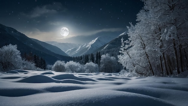 Paysage de Noël avec une maison enneigée dans les montagnes Vue nocturne des fées avec la pleine lune Hiver