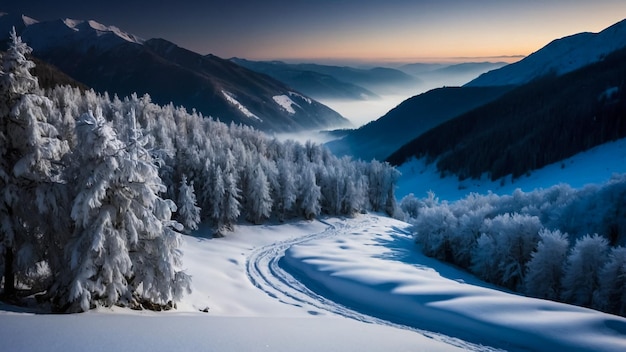 Paysage de Noël avec une maison enneigée dans les montagnes Vue nocturne des fées avec la pleine lune Hiver