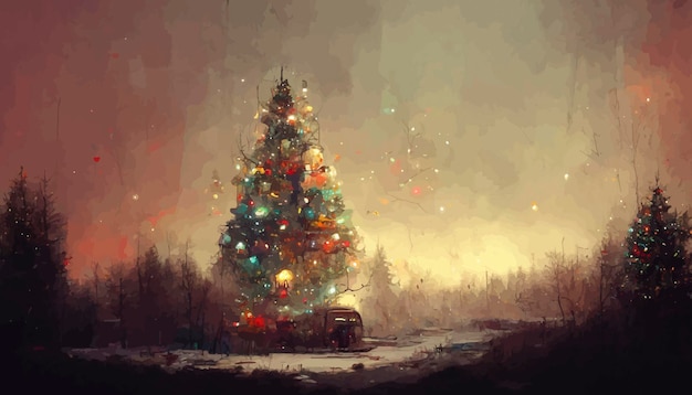 Paysage de noël avec de la neige et des arbres avec des lumières illustration de paysage de noël