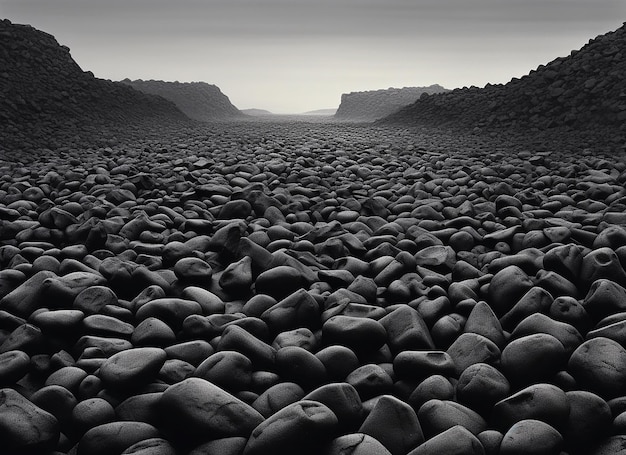 Paysage en noir et blanc d'une plage rocheuse illustration 3D