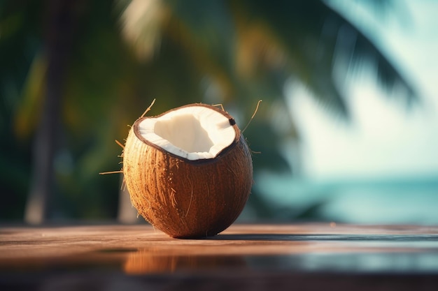 Paysage avec noix de coco sur une table cocotiers et plage en arrière-plan Generative AI