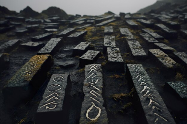 Photo paysage nordique énigmatique avec des runes anciennes