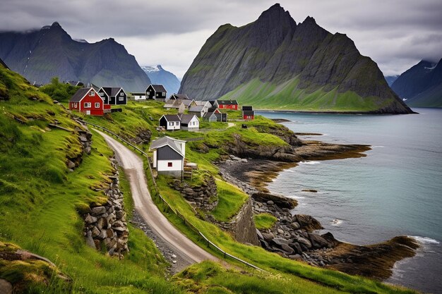 Paysage nordique avec montagnes, route et village