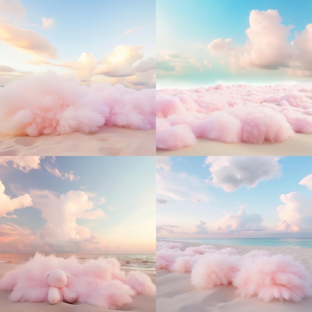 Paysage de nuages de coton rose avec un animal en peluche