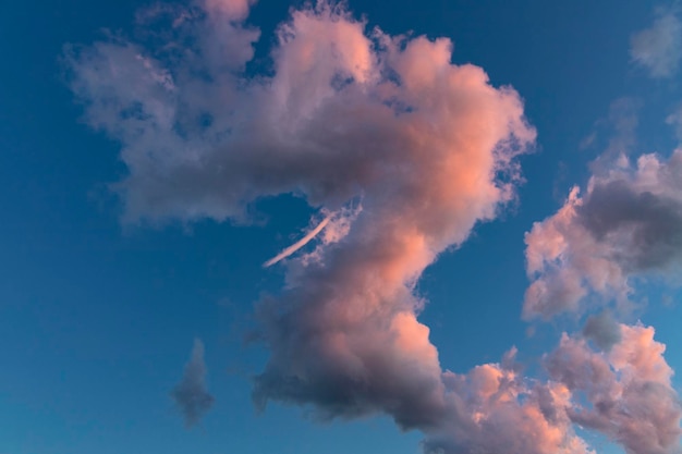 Paysage de nuages Cumulus d'été roses et bruns sur un ciel bleu pendant le coucher du soleil Fond d'écran