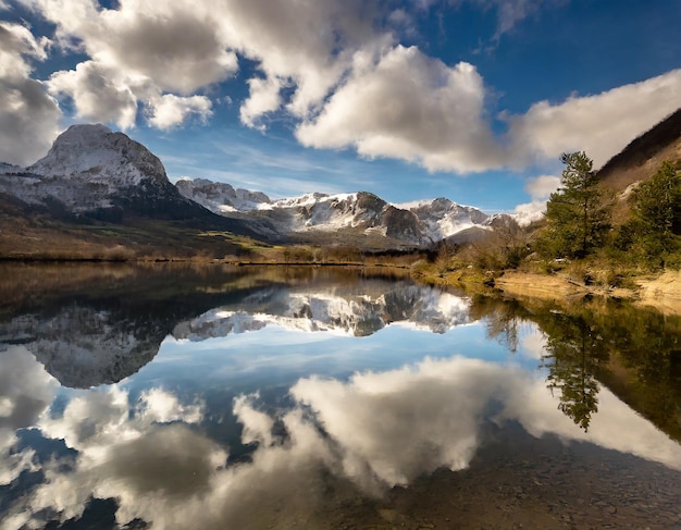 paysage avec des nuages et des montagnes lac se reflétant dans l'eau