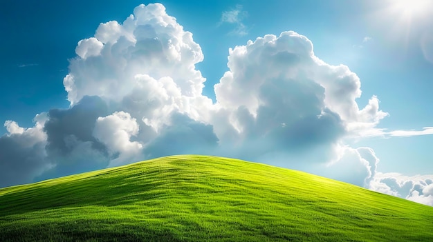 Paysage avec des nuages reposant sur une colline verte à la lumière du soleil générée par l'IA