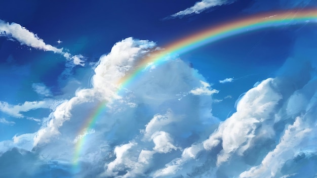 Un paysage nuageux avec un ciel bleu et des nuages blancs arc-en-ciel