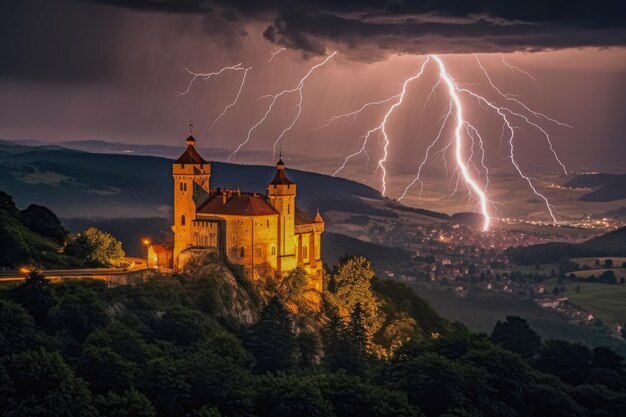 Paysage de nuit avec un château et fort un château et des éclairs illuminant le ciel