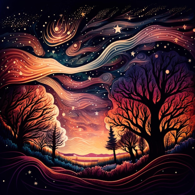 paysage de nuit étoilée avec des arbres et des étoiles ai générative