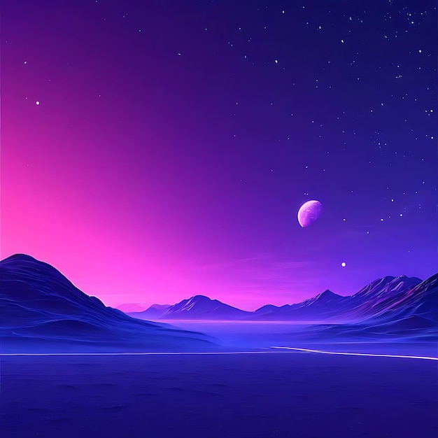 paysage de nuit avec des étoiles de lune et des montagnes paysage de soirée avec des étoils de lune Et des montagnes