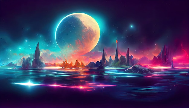 Paysage de nuit fantastique futuriste moderne avec des îles abstraites et ciel nocturne avec des galaxies spatiales Generative Ai