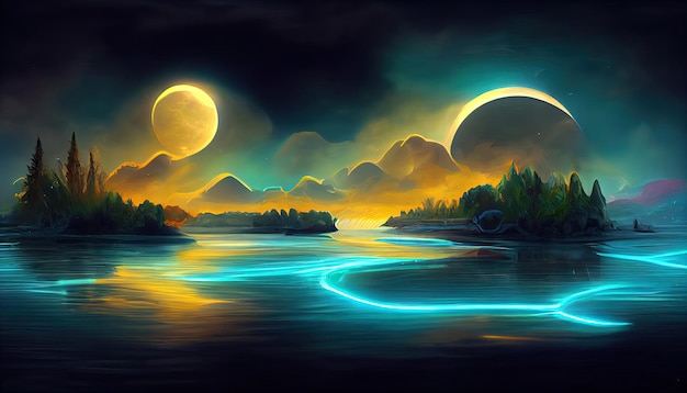 Paysage de nuit fantastique futuriste avec paysage abstrait et île