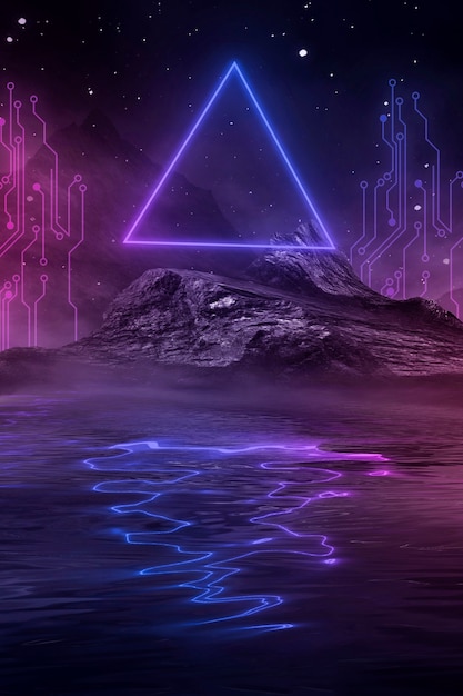 Paysage de nuit fantastique futuriste avec réflexion de la lumière dans l'eau. Illustration 3D du portail de la galaxie spatiale néon