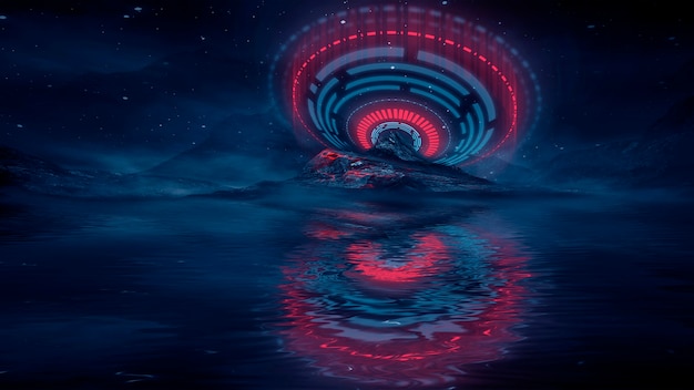 Paysage de nuit fantastique futuriste avec réflexion de la lumière dans l'eau. Illustration 3D du portail de la galaxie spatiale néon