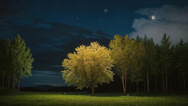 Paysage nuit forêt et lune