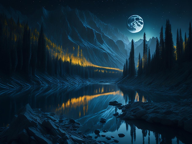 Paysage de nuit forêt sombre rivière