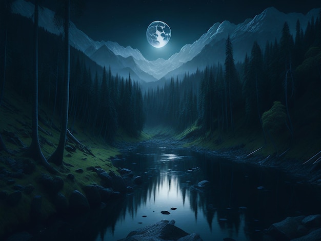 Paysage de nuit forêt sombre rivière