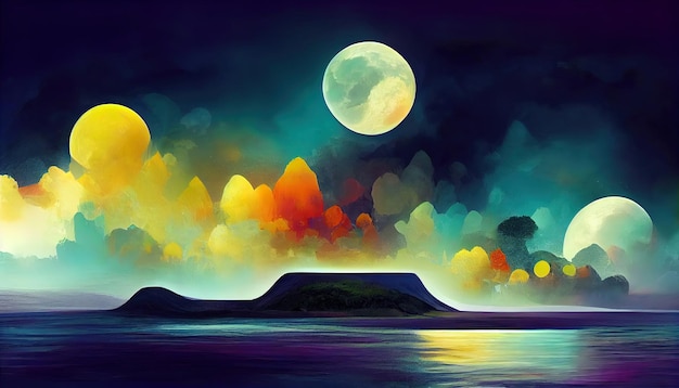 Paysage de nuit futuriste avec paysage abstrait et île