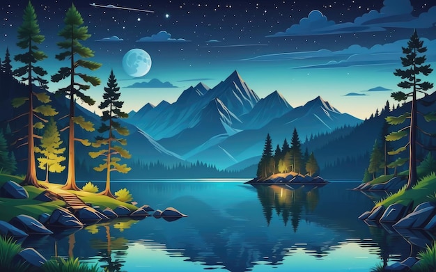 Photo paysage de nuit avec lac, montagnes et arbres