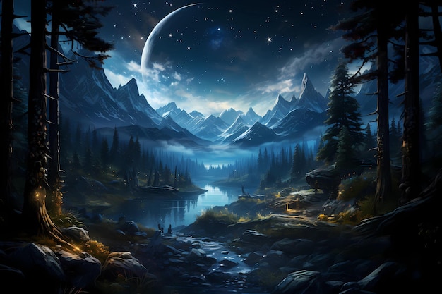 Paysage de nuit de lac surréaliste avec reflet de la lune