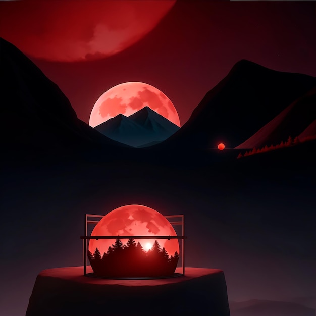 Paysage de nuit Lune rouge Art numérique