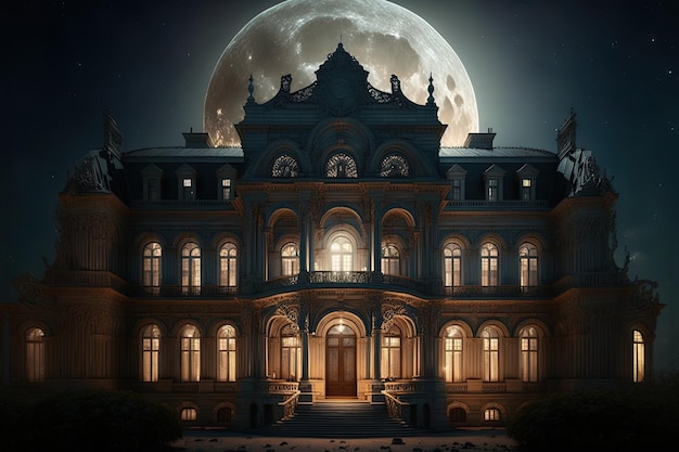 Paysage de nuit avec un palais Big moon neon light Architecture ancienne AI