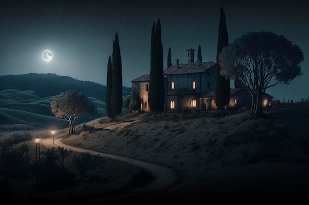 Photo paysage de nuit en toscane au clair de lune fond d'écran magique ai generated