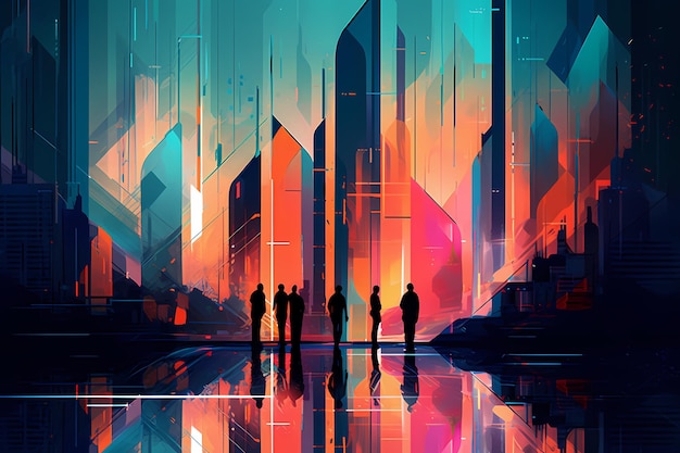 Paysage numérique abstrait avec des couleurs vives et des lignes nettes paysage urbain futuriste avec des silhouettes de personnes Formes et motifs géométriques Symétrie et équilibre Generative Ai