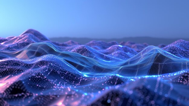 Paysage numérique abstrait avec des ondes de particules bleues