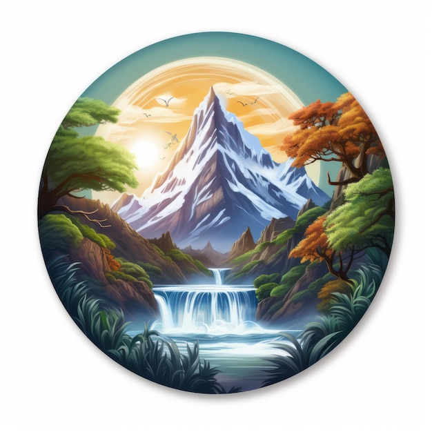 un paysage numérique à l'aérographe de Lisa Parker présentant une scène de cercle avec une montagne majestueuse et une cascade en cascade en arrière-plan. ce paysage isolé prend vie avec des glacis lumineux