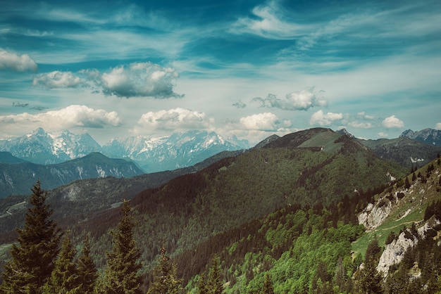 Paysage avec des ombres de nuages sur les montagnes du Triglav vue depuis la montagne de Golica avec le concept saisonnier d'été de voyage de forêt verte