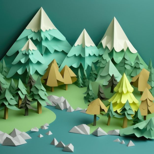 Paysage d'origami avec arbres et montagnes créé à l'aide de la technologie générative ai