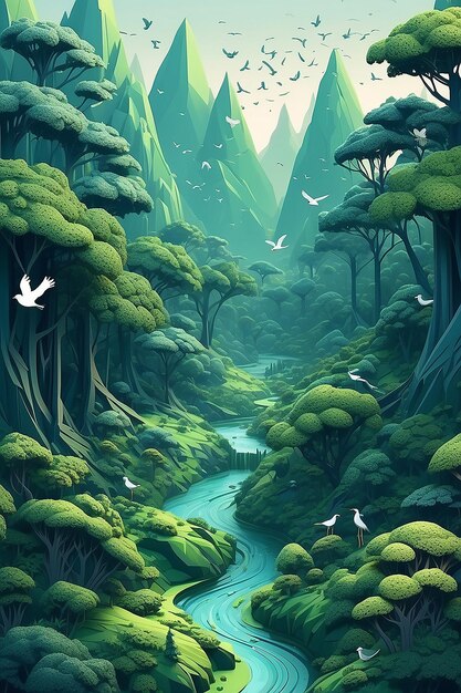 Paysage d'origami avec des arbres et des oiseaux créés à l'aide de la technologie d'IA générative